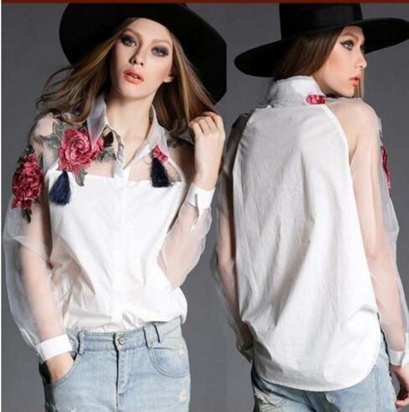 

new arrival women turn down collar euro fashion emboridery flowers organza cotton women's blouse lady elegant casual shirt & blouse, White