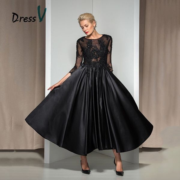 

1960s Black Evening Dress 2019 Newest A-line Beaded Lace 3/4 Sleeves Black Ankle-length Formal Dresses Scoop Prom Dresses free shipping