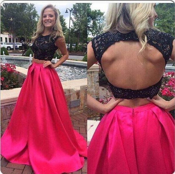 

two pieces prom dresses a line robe de soiree red and black back hollow lace beaded formal party evening gowns 2016