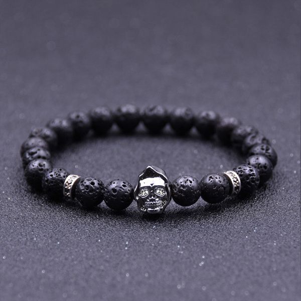 

wholesale natural lava stone skull crystal bracelets reiki chakra healing balance beads for men women gift charm yoga jewelry, Black