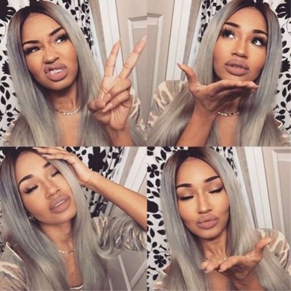 

fashion ombre color black to grey synthetic lace front wig long silky straight hair heat resistant for black women