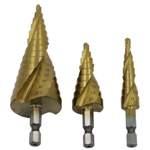 

3pcs hss4241 spiral grooved step cone drill titanium coating drills bit 4mm - 12mm/20mm/32mm hole cut t03012