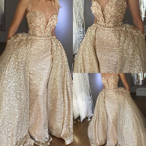 Champagne lantejoulas elegante overskirts vestido de noite espaguete bainha sereia vestidos de baile com trem destacável es