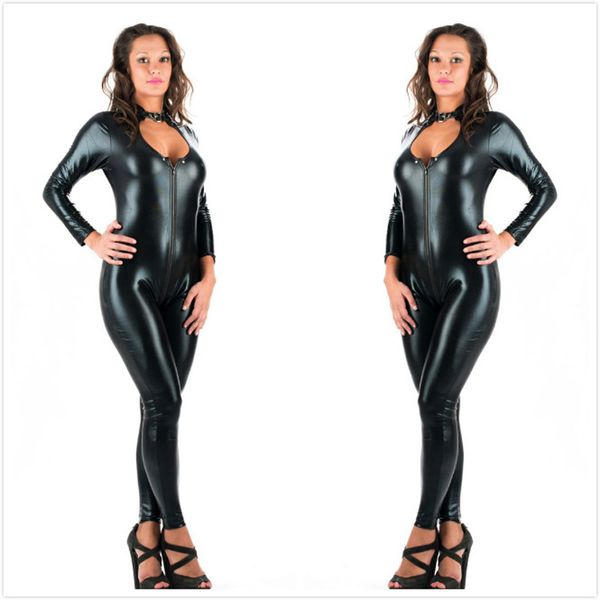 5XL Plus Size Mulheres Novidade Sexy Preto Faux Leather Latex Catsuit Zíper Frontal Jumpsuit Fancy Dress Fetiche corpo erótico terno PU