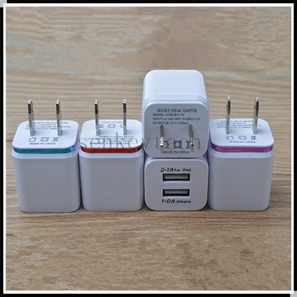 

5v 2.1a&1.0a double usb ac adapter home travel wall charger with dual ports eu us plug 5 colors cell phone chargers dhl ing
