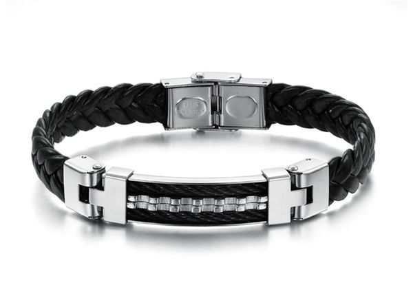 

Wholesale Titanium Braided Bracelets JEWELRY Handmade PU Leather Bracelet Silver ID Nameplate Strip Rope weave Bracelet for men