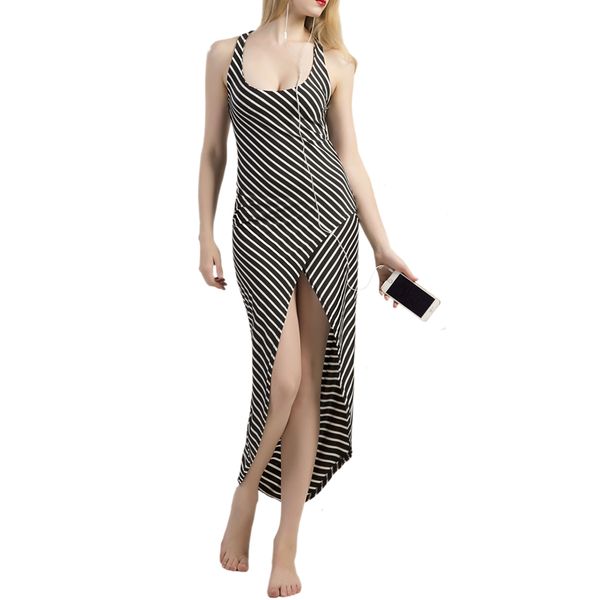 Summer Women Beach Dress Tunique Femme Hippie Asymmetry Hem Cross Backless Striped Dress Vestido Robe Longue Robe De Plage Short Black Dresses Brides