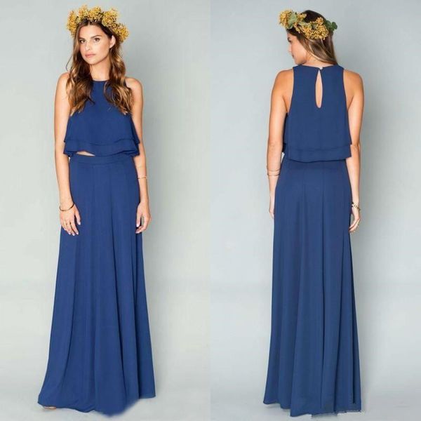 Acheter Simple Deux Pièces Pas Cher Demoiselle Dhonneur Robes Longue Bleu Marine Bijou Cou Sans Manches Plage Invité De Mariage Robe Une Ligne En