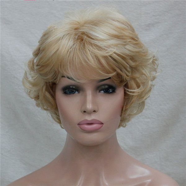 Short Thick Wavy Blonde Highlights Full Synthetic Wig Women S Wigs
