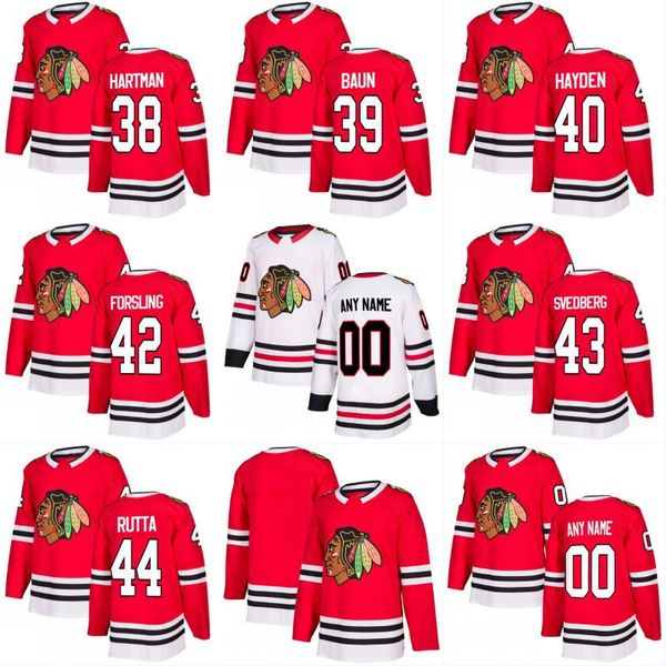 

2017-2018 Season 38 Ryan Hartman 39 Kyle Baun 40 John Hayden 42 Gustav Forsling 43 Viktor Svedberg Chicago Blackhawks Custom Hockey Jerseys