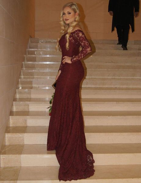 

boat neck long sleeve evening dresses burgundy lace dress formal evening gowns abiti da cerimonia da sera, Black;red