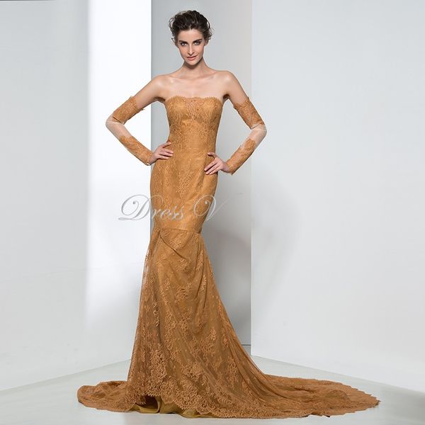 

2019 Plus Size Mermaid Designer Evening Dresses With Removable Long Sleeves Online Sexy Formal Dress Brown Lace Party Prom Gowns Prom Dress