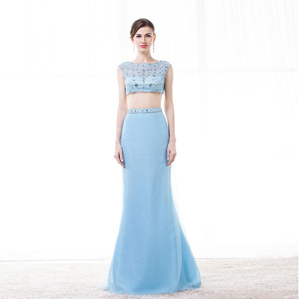 

bateau neck beaded crystal 2 pieces prom dress 2016 long chiffon prom gowns fast shipping, Black