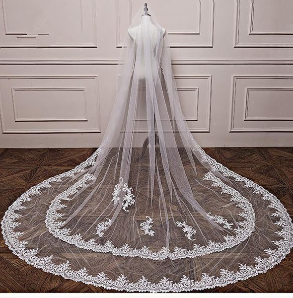 

new vintage elegant one layer lace applique edge with comb lvory white wedding veil cathedral lengththree meters long, Black