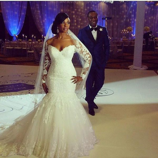 

plus size mermaid wedding dresses off the shoulder long sleeves appliques lace custom made backless wedding gowns chapel train, White