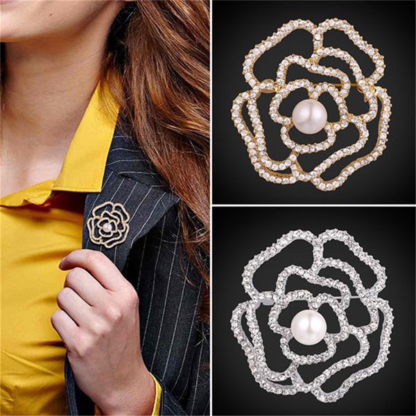 

U7 Jewelry Flower Brooch Hollow Rose Design With Luxury Austrian Rhinestone Synthetic Pearl Vintage Brooch/Pin For Women B2733