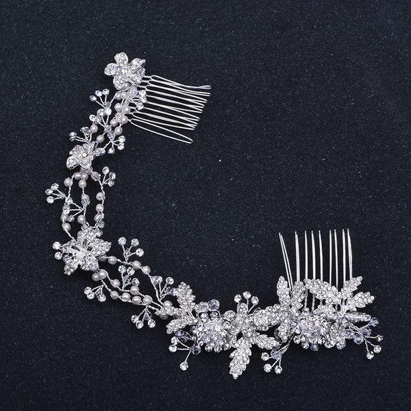 

Fashion Silver Color Rhinestone Bridal Long Hair Comb Vine Flower Wedding Headband Accessories Pearl Hair Jewelry Handmade