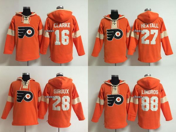 

2016 wholesale philadelphia flyers 16 clarke 27 hextall 28 giroux 88 lindros orange hoodies jersey drop shipping cheap, Black;red