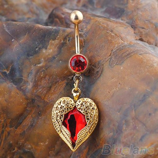 

navel belly button ring golden love heart dangle wing body piercing rhinestone navel belly button ring, Silver