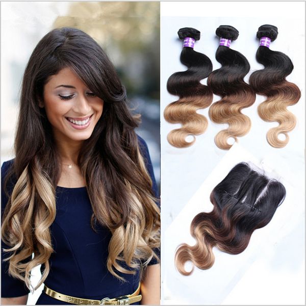 Hot Sale Peruvian Ombre Hair With Closure 1b 4 27 Honey Blonde