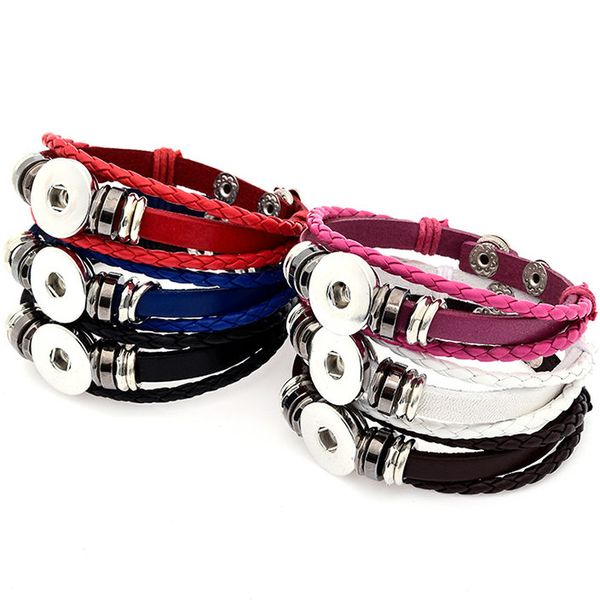 Pulseira de Couro Multicamadas Noosa Chunk 18mm Pulseira de Botão de Metal Ginger Snap Button Statement Jóias Atacado Snap Jóias Snap Pulseira