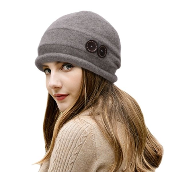 Стильная элегантная женская шапка, зимняя женская шапка с декором на пуговицах, 100% шерсть, модные повседневные шапочки, шапки Skullies T178