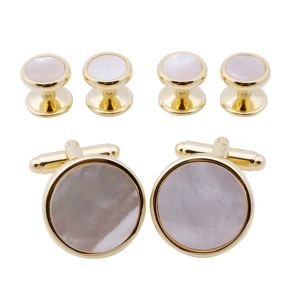 

trendy round gold plated mother of pearl cuff links with 4 studs set men's suit tuxedos jewelry cuff button, Silver;golden