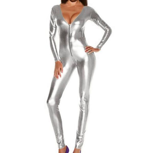 

wholesale- cfyh 2017 new fashion women faux leather jumpsuit holographic metallic catsuit bodycon jumpsuit mermaid costumes, Black;white