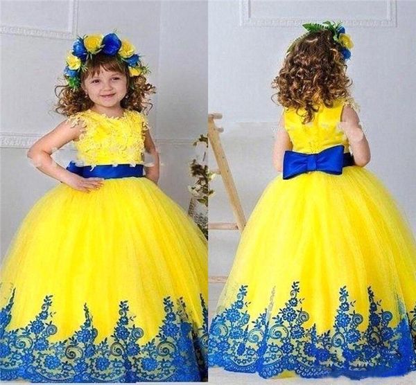 

pageant dresses girls ball gown formal kids bridesmaid princess party prom dresses lace custom embroidery flowers bowknot evening dresses, White;blue