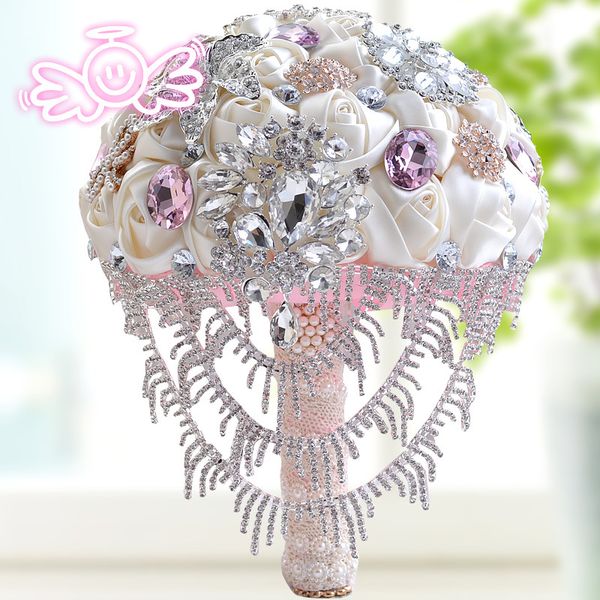 Luxuriöse künstliche Hochzeitssträuße, Bling-Bling-Kristalle, Satin-Rosen, großer Brautstrauß, bunte Strass-Blumen, hohe Qualität