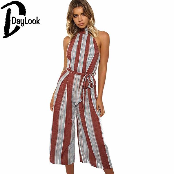 

wholesale- daylook 2017 casual slim fitted women jumpsuit sleeve halter striped loose playsuit with belt back palazzo plus size s-xl, Black;white