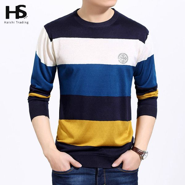 Atacado-outono Sweater de lã fina para homens marca roupas O-pescoço moda grande listrado puxar masculino de malha cashmere pulôver homens suéteres 6661