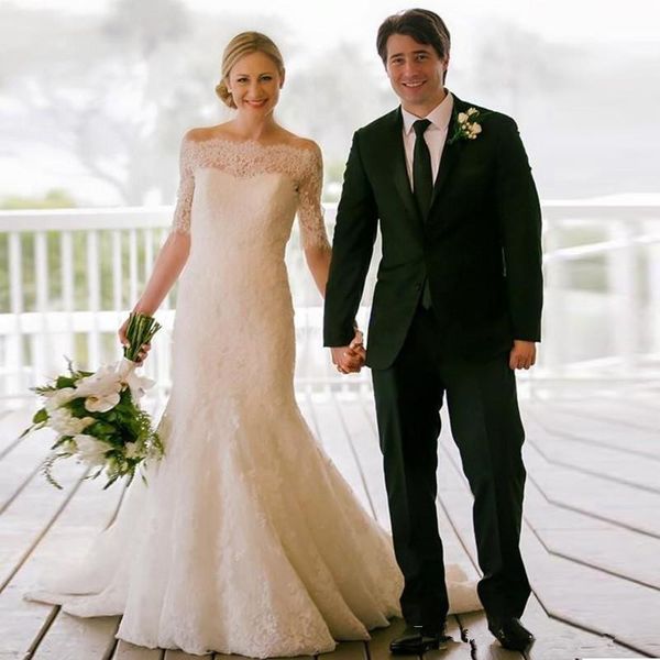 

2020 spring romantic half sleeve off shoulder wedding dresses mermaid full lace bridal gowns vestido de noiva custom made, White