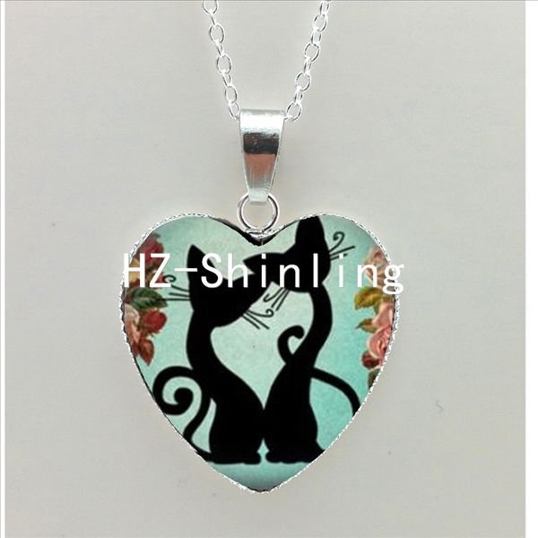 

new cat silhouette heart necklace black cat heart pendant siamese cat jewelry murano glass heart necklace nht-0017, Silver