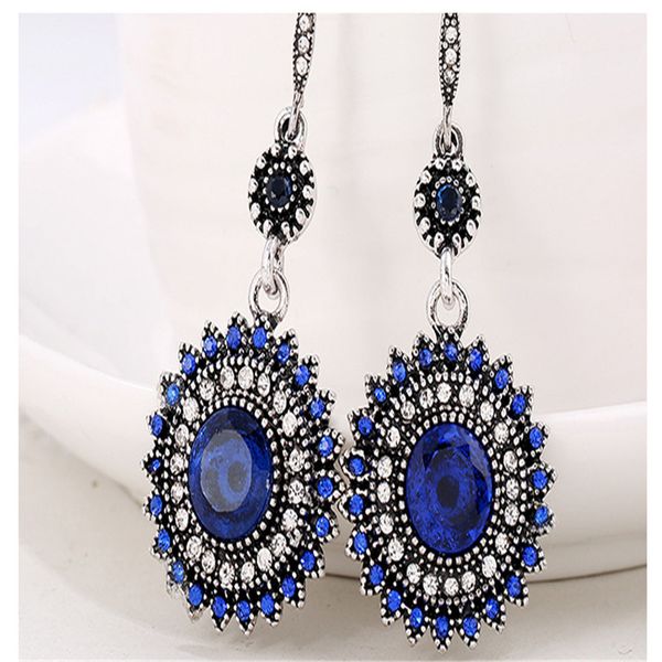 

new women long earrings retro bohemian style colorful rhinestone round flowers dangle drop earring vintage jewelry kq, Silver