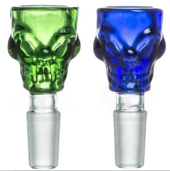 2016 Glas-Bongköpfe, 14 mm, 18 mm, gemeinsames Totenkopf-Motiv, männlicher Glaskopf für Glaswasserpfeifen und Bongs, männlicher Kopf