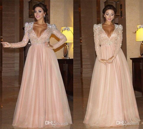 

Gorgeous 2020 Dresses V Neck Long Sleeve Baby Pink A Line Evening Wear Heavy Crystal Beaded Formal Celebrity Red Carpet Prom Evening Dress