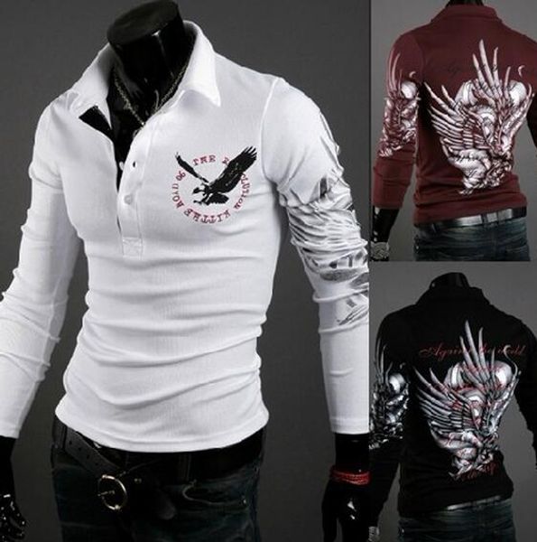 

fashion mens t shirts cotton long sleeve t-shirt brand clothing slim fit eagle printed tshirt ing, White;black