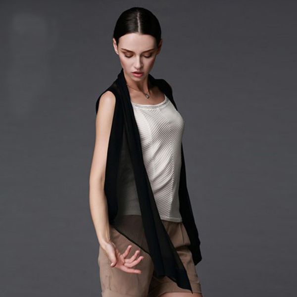 

wholesale-chiffon long vest jacket women sleeveless blazer feminino quilted vests veste femme fashion button vest outwear, Black;white