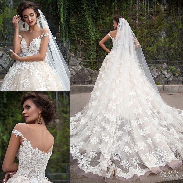 

Milla Nova A-Line Wedding Dresses Illusion Plunging Neckline Cap Sleeves Appliqued Lace Bridal Gowns Sweep Train Champagne Wedding Dress