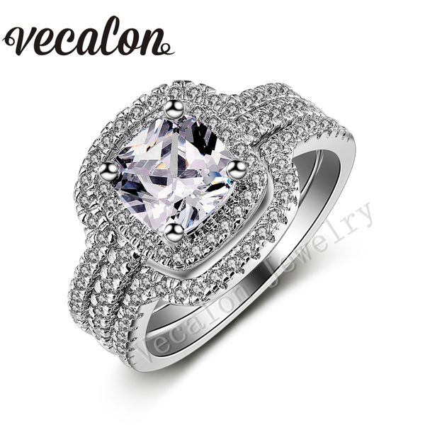 Vecalon New 3CT Kissen Cut Simulated Diamond CZ 3-in-1 Ehering-Ring-Set für Frauen 10KT Weißgold gefüllter Verlobungsring