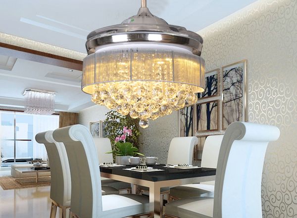2019 Crystal Chandelier Ceiling Fan Light With Fabric Drum Lamp