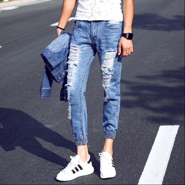 Wholesale-Mens Jeans Brand 2016 Summer Men Ripped Denim Jeans Ankle Length Distressed Jeans Men Denim Joggers K8233