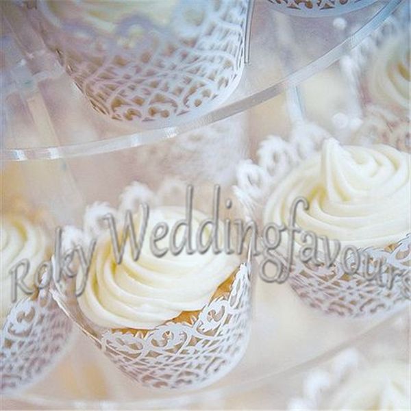 Frete grátis 120 PCS branco filigrana Cupcake Wrappers Laser Cut Cupcake para festa de casamento chuveiro nupcial do bolo decoração