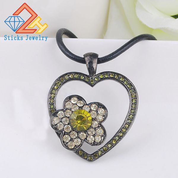 

trendy austrian rhinestone love heart necklace for women crystal flower leather rope pendant, Silver