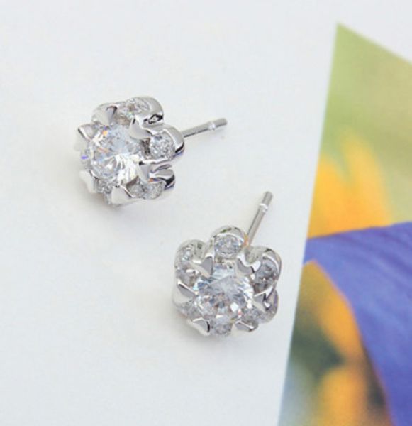 

luxury zircon earrings fashion women brief platinum plated flowers stud earrings jewelry, Golden;silver