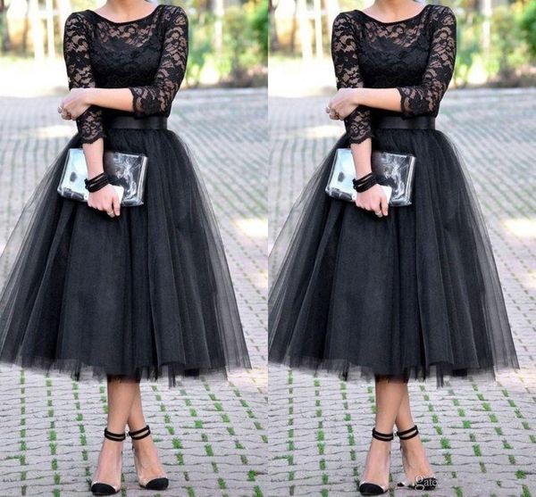 

2016 черный невесты платья с 3/4 длинными рукавами jewel кружева тюль линии чай длина свадебное платье выпускного вечера homecoming коктейль, White;pink