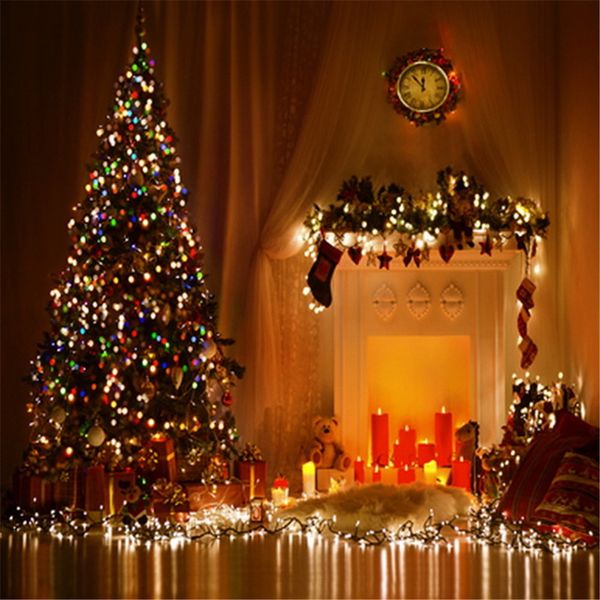 Funkelnder Weihnachtsbaum, Feiertagsnacht, Fotografie-Hintergründe, Geschenkboxen, Kerzen, Spielzeugbär, Kinder, Kinder, Zuhause, Party, Fotoautomaten-Hintergrund