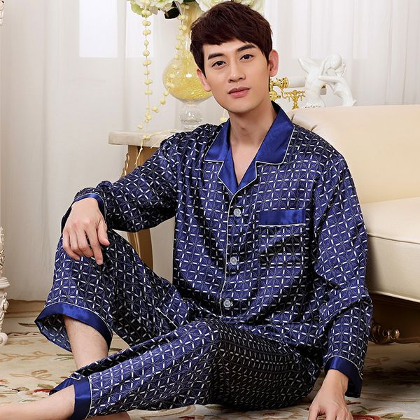

wholesale-2016 new luxurious silk satin pajamas set men long sleeve trousers sleepwear mens silk pyjamas set plus size 3xl, Black;brown