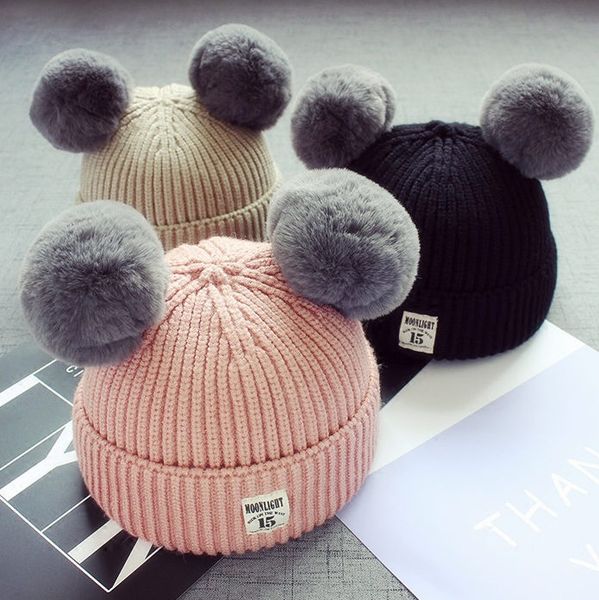 

skullies rabbit knitted pom baby caps babies woolen hat pom warm fur ball crochet winter beanies pnuhi, White;black